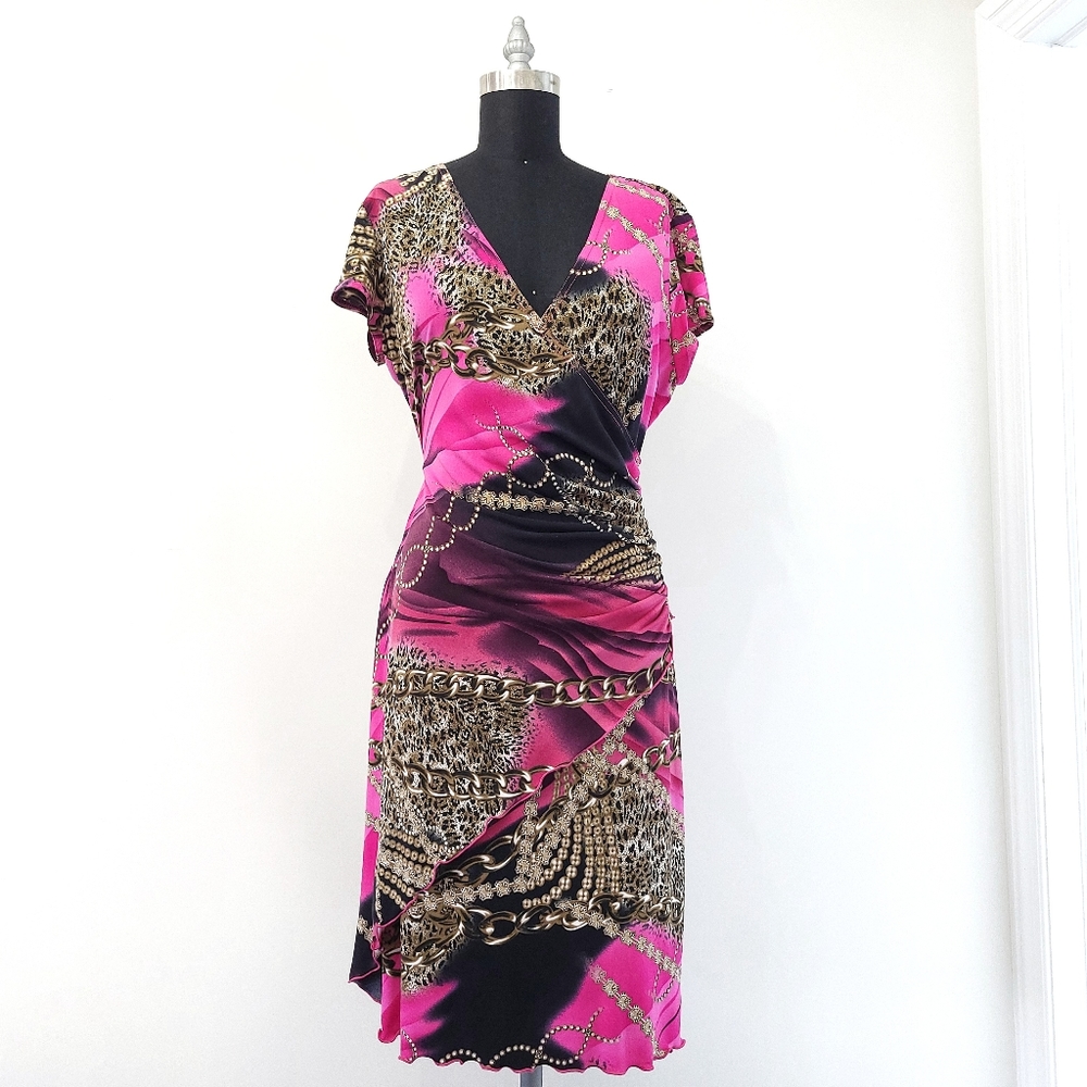 Vintage Joseph Ribkoff Y2K Chains Cheetah Print Lettuce Hem Wrap Dress